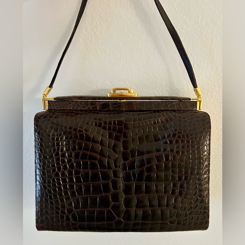 Judith Leiber Rare Brown Alligator Shoulder Bag